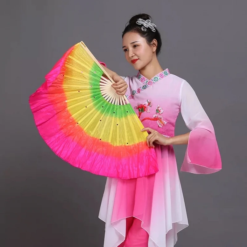 Free Shipping 10PCS Big Size Silk Veil Chinese Belly Dancing Fan Strong Bamboo Frame With 3 Colors For Hot Dance Performance