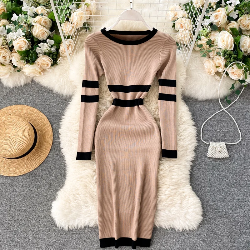 New Autumn Knitting Sweater Dress Women Solid Knitted Sexy Bandage Sheath Bodycon Sundress