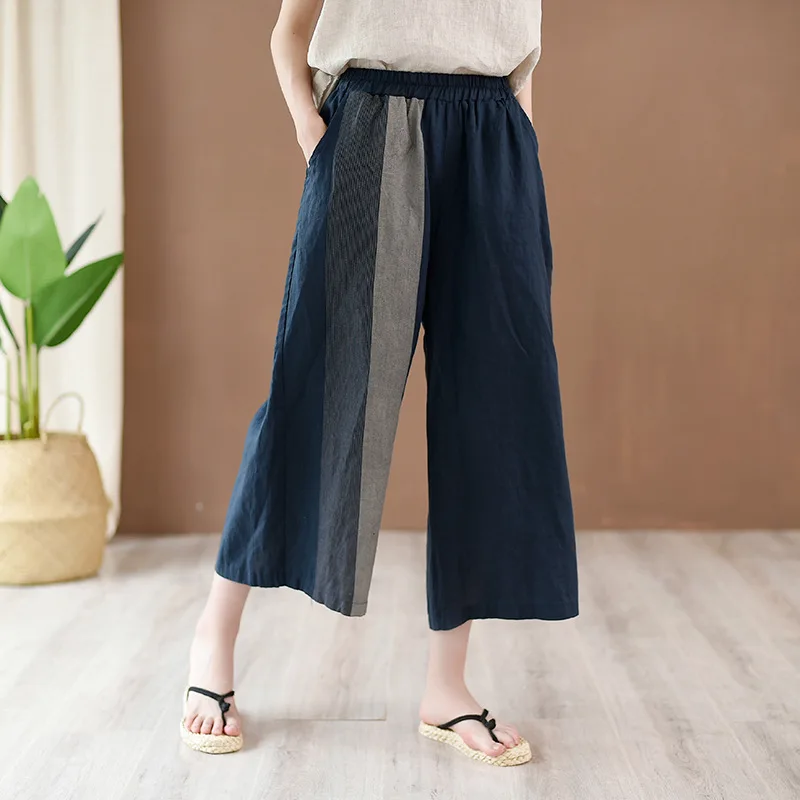 2021 Spring New Cotton Linen Art Retro Loose Casual Printed Women's Linen Cropped Wide Leg Pants Martial Arts Pants