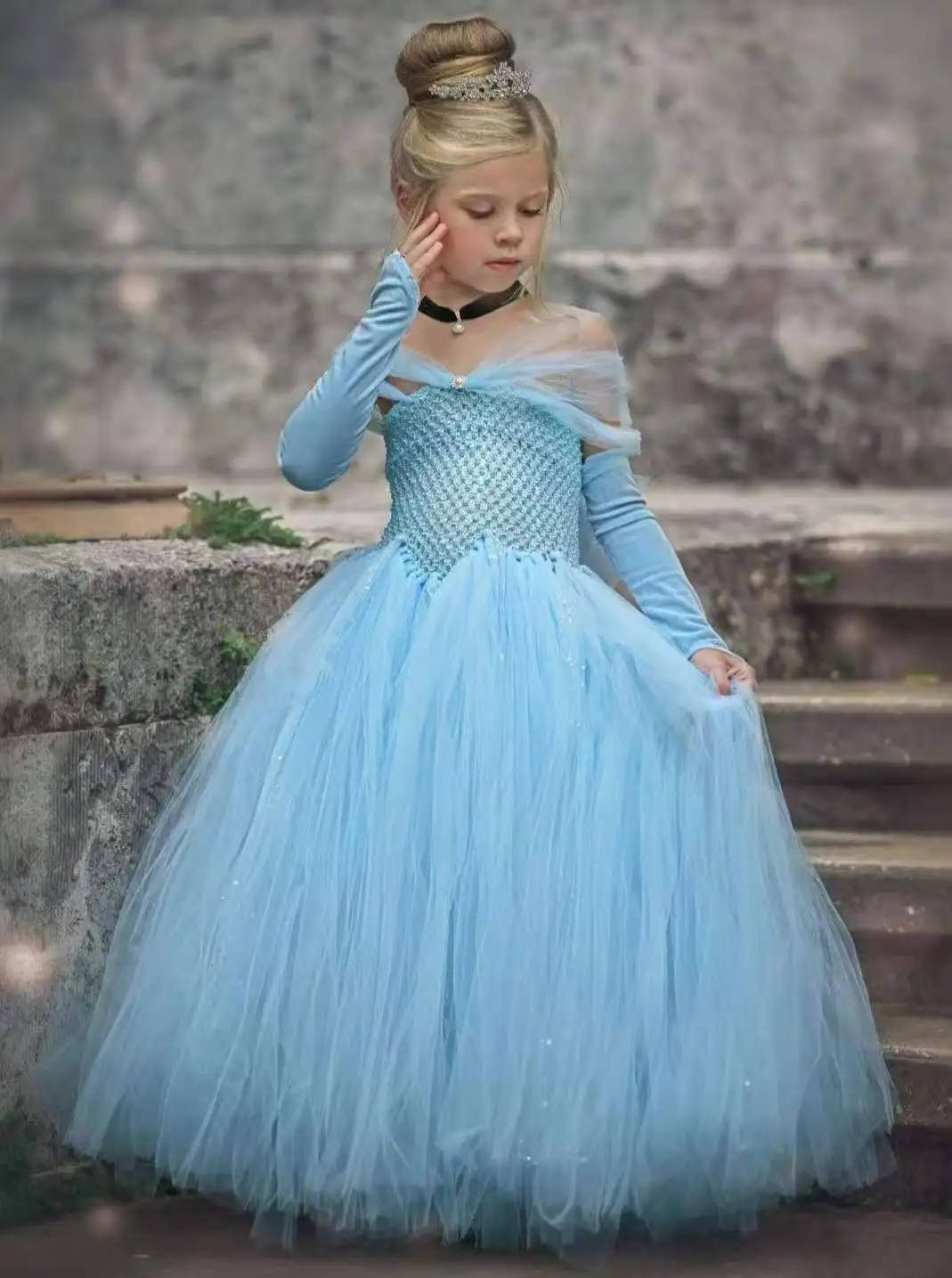 2022 new Girls White Princess Dress Kids Blue Tulle Tutu Dress Ball Gown with Crown Children Party Costume Cosplay Dresses