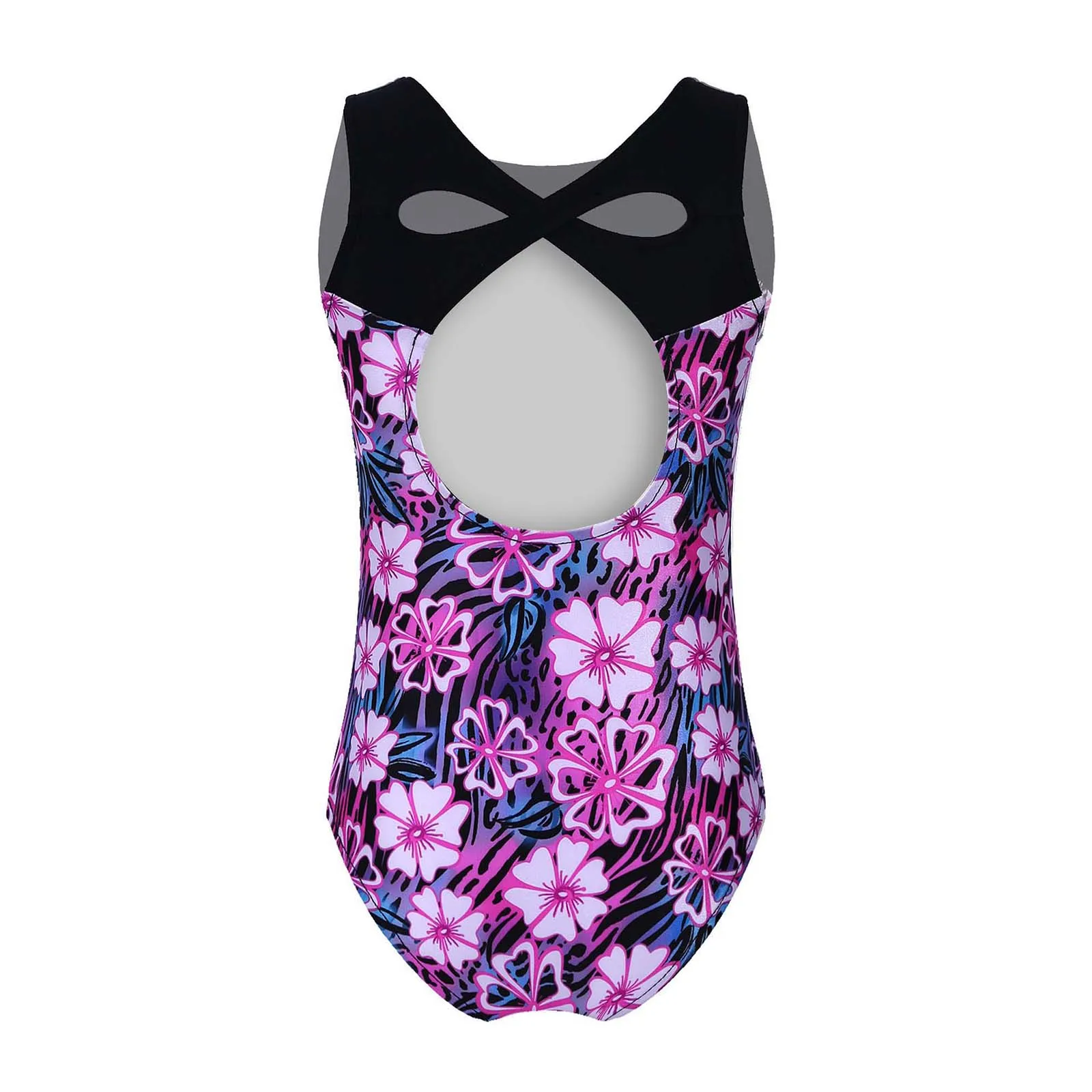 TiaoBug Summer Kid Girls One-Piece Swimming Bodysuit Print Swimsuit Round Neck Sleeveless Backless Criss-Cross Bathing Pool Suit