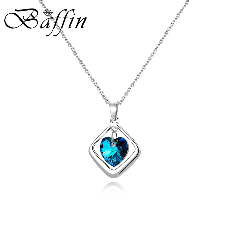 Romantic Square Necklaces Heart Pendant Original Crystals from Austria For Women Silver Color Chain Girls Birthday Jewelry