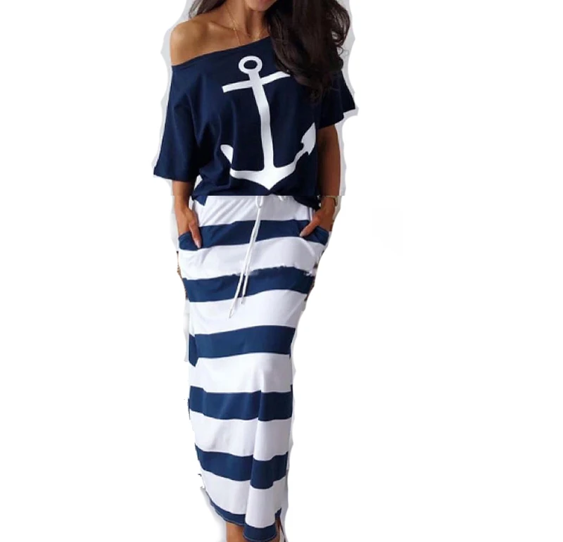 Fanbety women sexy off shoulder Two Piece Sets dress Boat Anchor Print Shirts Striped dress Sets Lady casual Ankle-Length dress