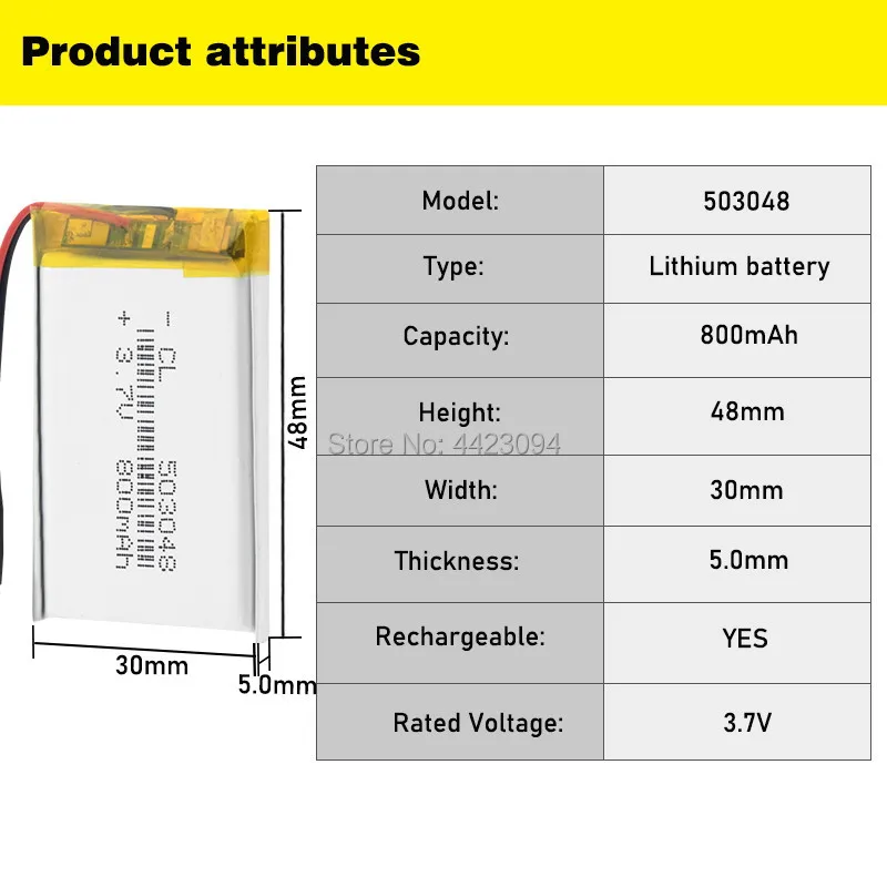 3.7V 800MAH 503048 053048แบตเตอรี่ลิเธียมโพลิเมอร์สำหรับแท็บเล็ต MP3 MP4 GPS สเตอริโอไร้สายชุดหูฟังบลูทูธแบตเตอรี่ชาร์จ