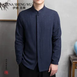 Mens Chinese Style Cotton Linen Long Sleeve Shirt Men Casual Clothing Retro Tang Suit Stand Up Collar Top Plus Size Clothes Male