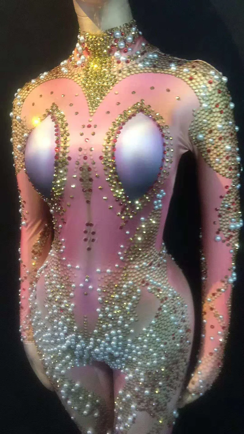 Big Rhinestones Jumpsuit Pink Glisten Bodysuit singer stage dance costume