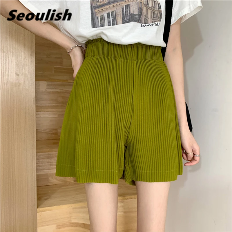 

Seoulish Summer 2021 New Pleated Women's Shorts Elegant Elastic Waist Office Lady Wide Leg Shorts Casual Female Loose Trousers