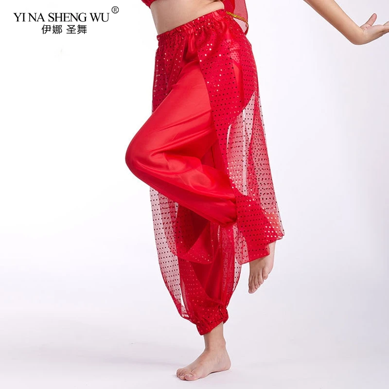 Pantalones de traje de danza del vientre Grils, pantalones Harem de actuación de escenario de India para espectáculo de práctica de baile para niños, pantalones de pierna ancha con lentejuelas