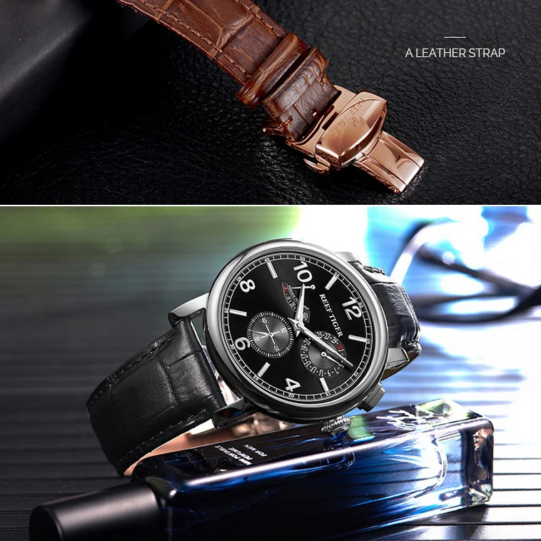 Reef Tiger Mens Automatic Watches Male Luxury Mechanical Wristwatch Fashion Sapphire Leather Strap Power Reserve Dial RGA1978