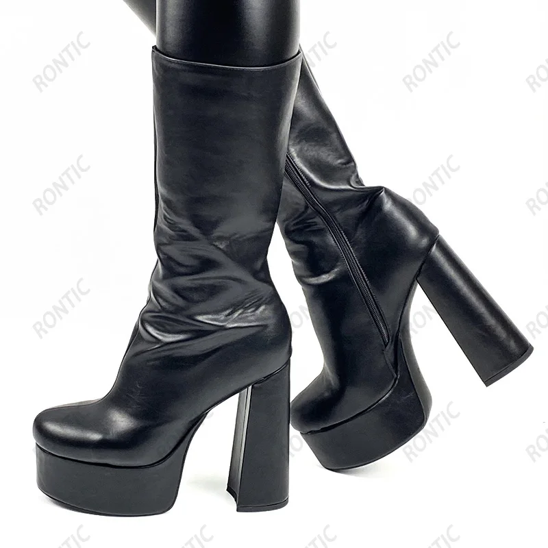 Rontic Women Winter Mid Calf Boots Waterproof Faux Leather Zipper Hoof Heels Round Toe Elegant Black Party Shoes US Size 5-15