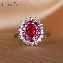 Cellacity Fashion Silver Jewelry Red Gemstones Ring for Women Flower shaped Ruby Adjustable Opening rings Party Wholesale