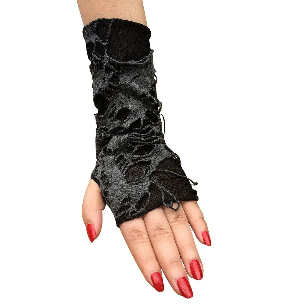 Cosplay Party Women Fingerless Long Arm Warmer Gothic Beggar Style Halloween Gloves Hole Punk Mittens