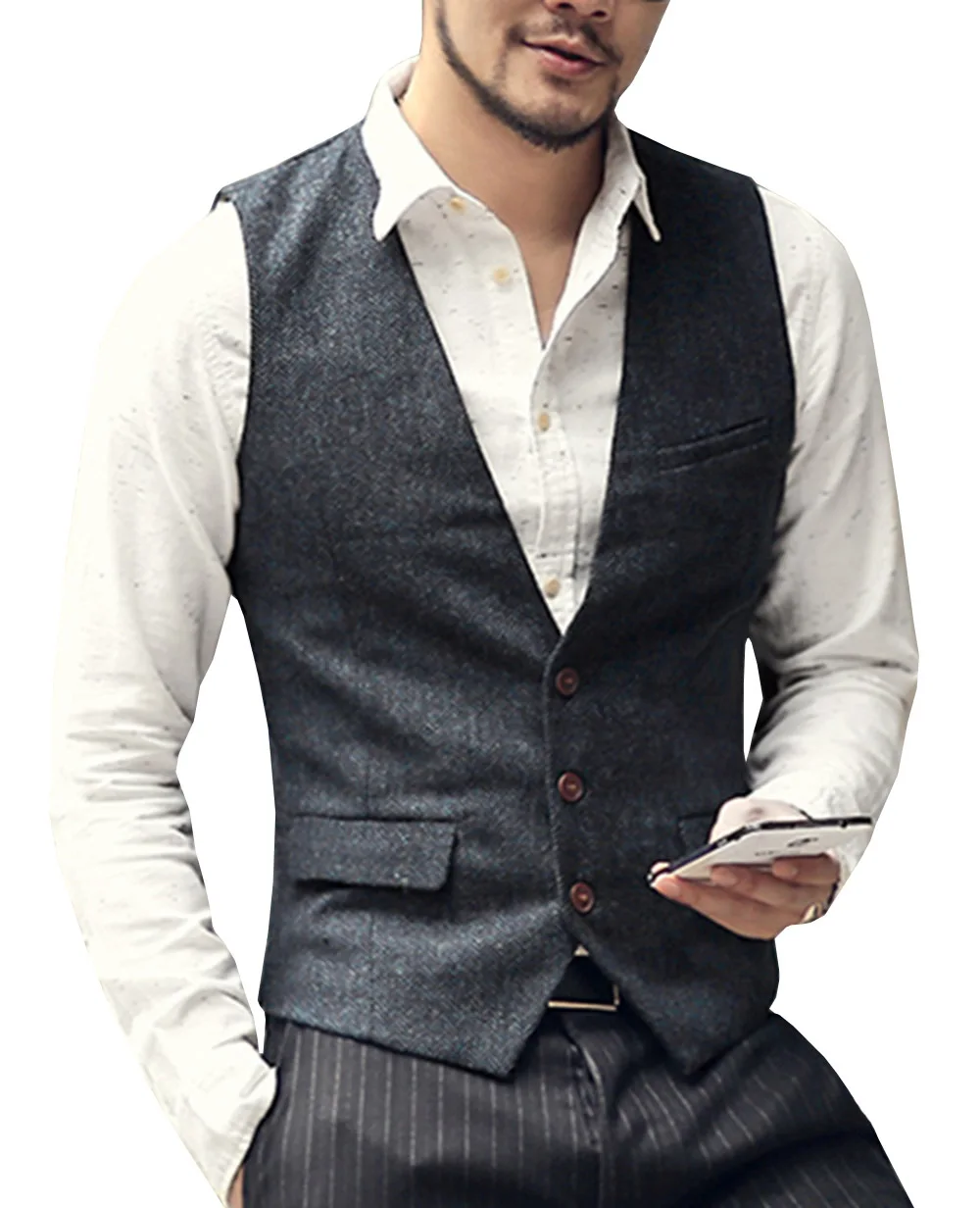 Costume Hommes Gilet Col en V En Laine Marron Gris Formelle veste Gilet Décontracté Affaires Groomman Pour Mariage Gilet