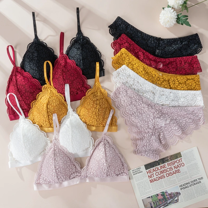 Beauty Back Sexy Bra Set Underwear Lace Push-up Bra and Panty Set Female Brassiere Yellow Flower Embroidery Lingerie Set