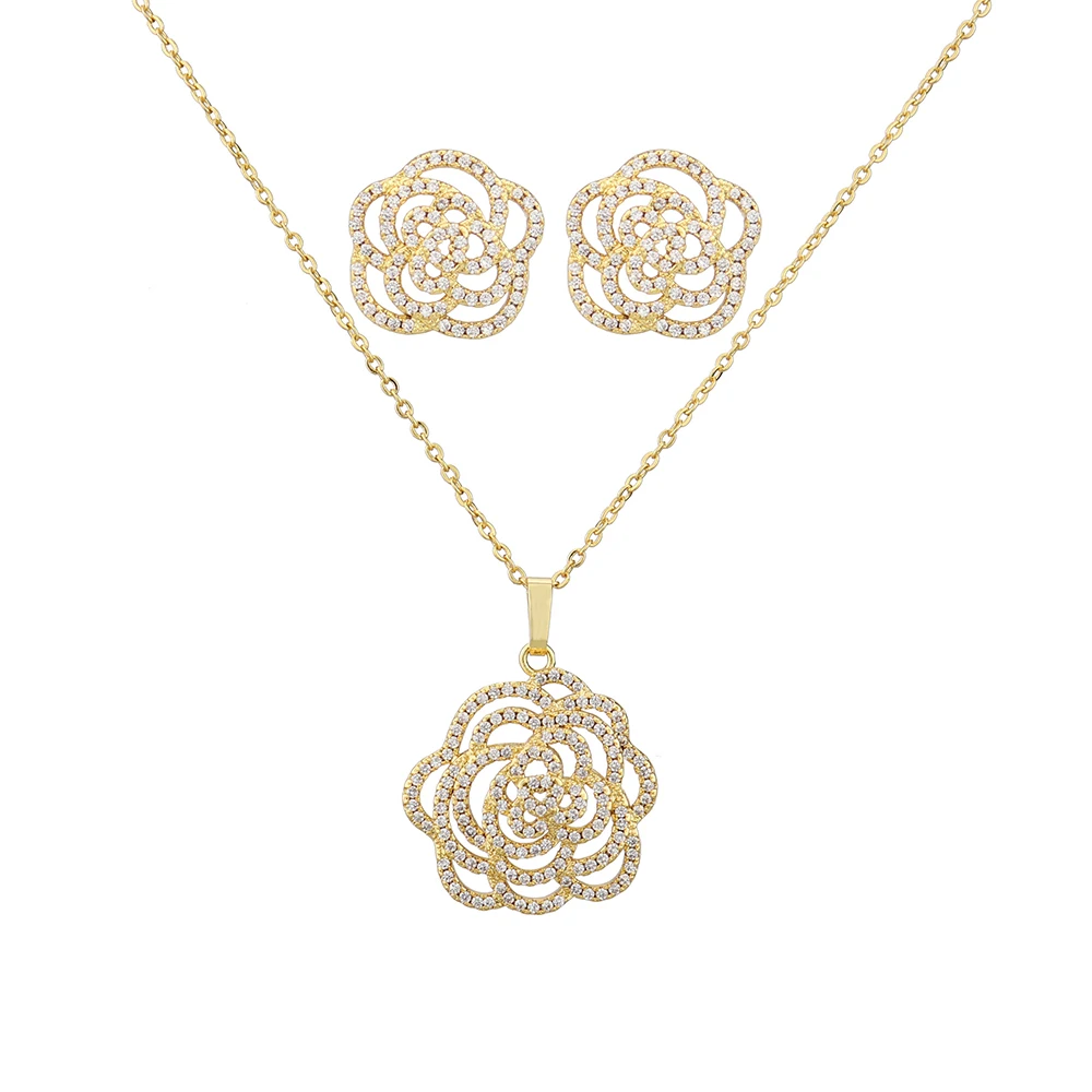 

Fashion Classic Rose Necklace with Earrings Jewelry Set copper AAA zircon Dubai wedding lady gift jewelry S1171
