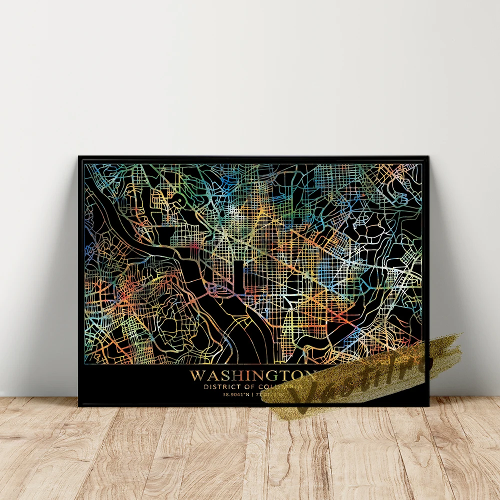 

World City Map Poster, Black Color Line Art Prints, Washington Geography Location Wall Picture, America City Wall Art, Idea Gift