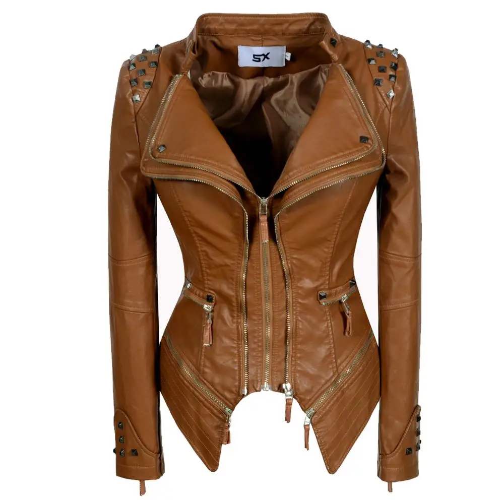 Veste de moto en faux cuir PU lisse pour femme, manches longues, motard slim, streetwear, manteau noir imprimé salle, mode SX