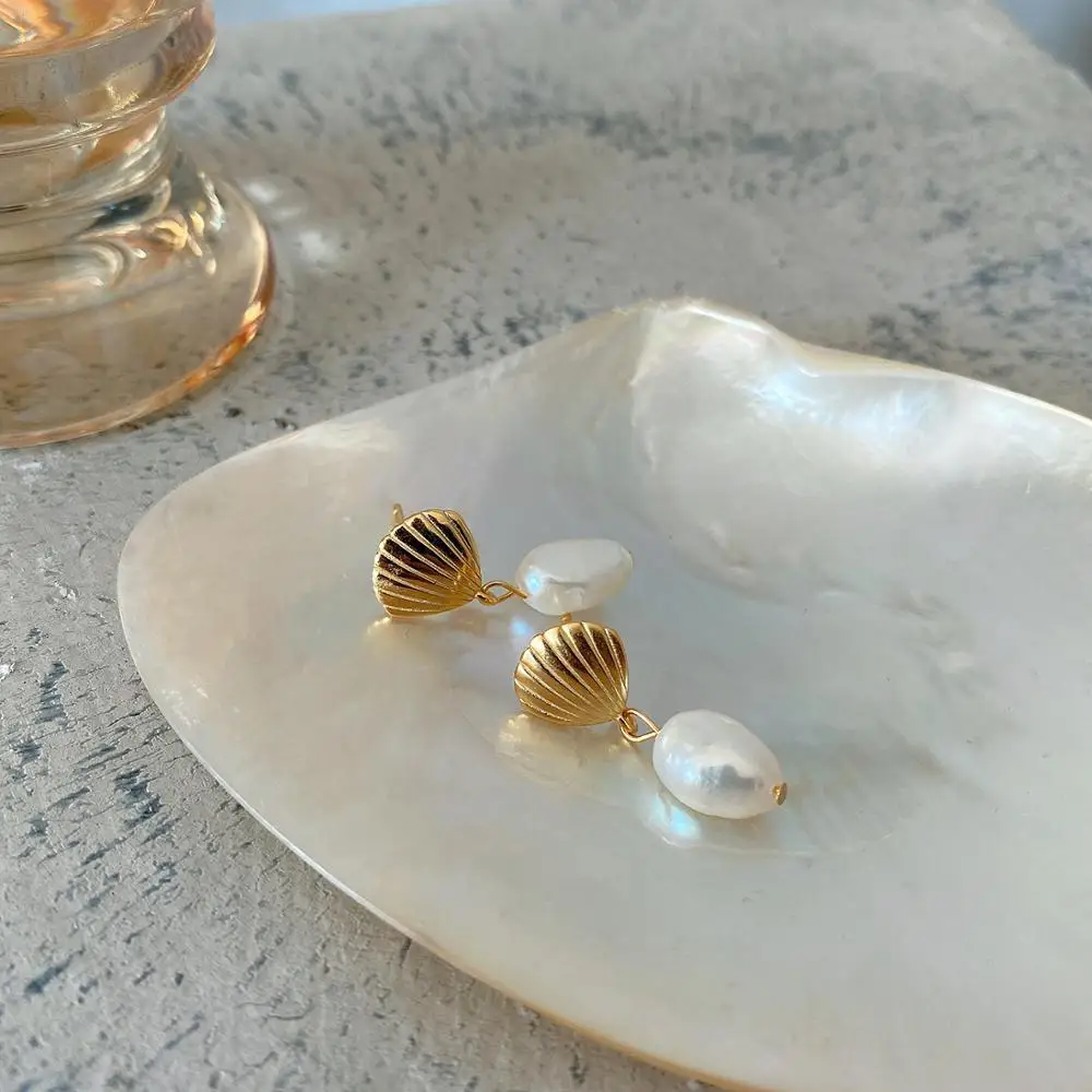 18k gold 100% real. Authentic 925 Sterling silver Pearl & conch shell shape Dangle Earrings Long Fine jEWELRY C-C311