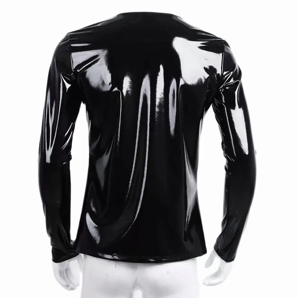 Mens Sexy Glossy PVC Leather Long Sleeve Shirt Erotic Shaping Latex Casual Coat Male Shiny Metallic Patent Leather T-shirts Sexi