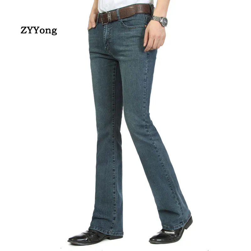 Retro Men's Jeans Trousers Mid Waist Elastic Slim Elegant Boot Cut Semi-Flared Bell Bottom Blue Denim Pants 26-38