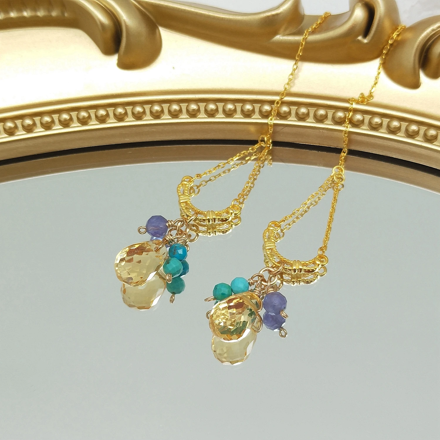 Lii Ji Natural Citrine Tanzanite Turquoise 925 Sterling Silver Gold Plated Earrings Line