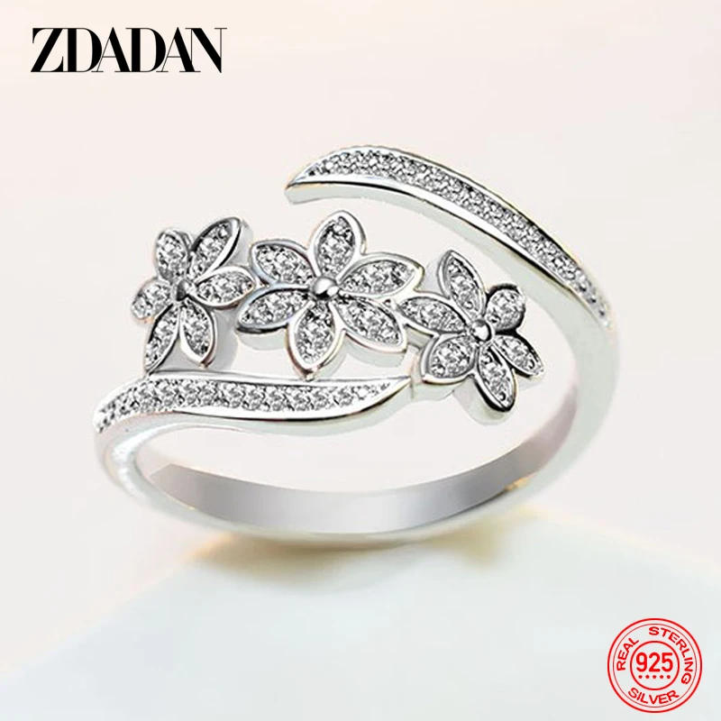 ZDADAN 925 Sterling Silver Fashion Adjustable Open CZ Flowers Ring For Women Temperament Jewelry Accessories Gift