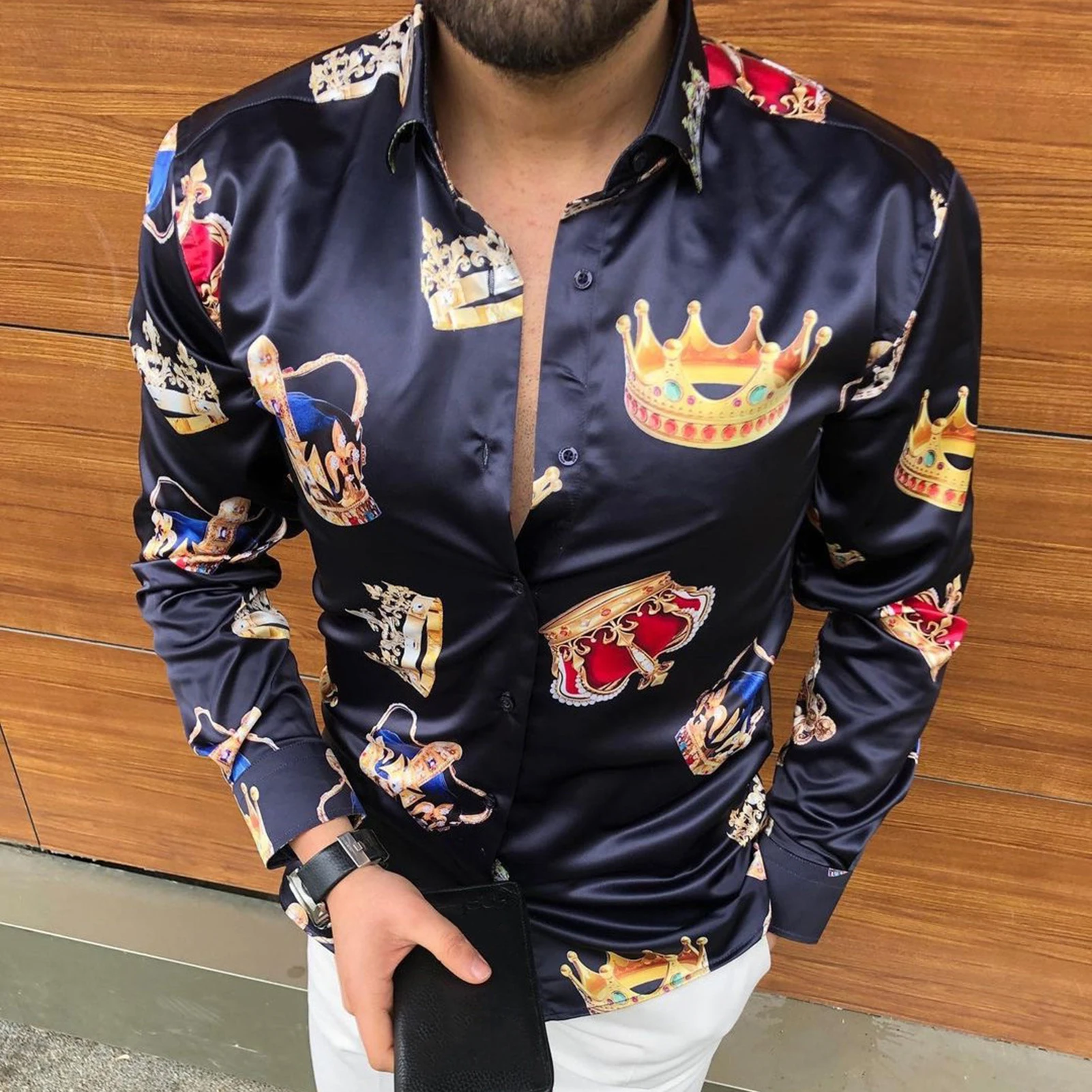 Spring Autumn Men Shirt Fashion Crown Printed Long Sleeve Turn-down Collar Buttons Slim Shirts Casual Dress Shirts Streetwear