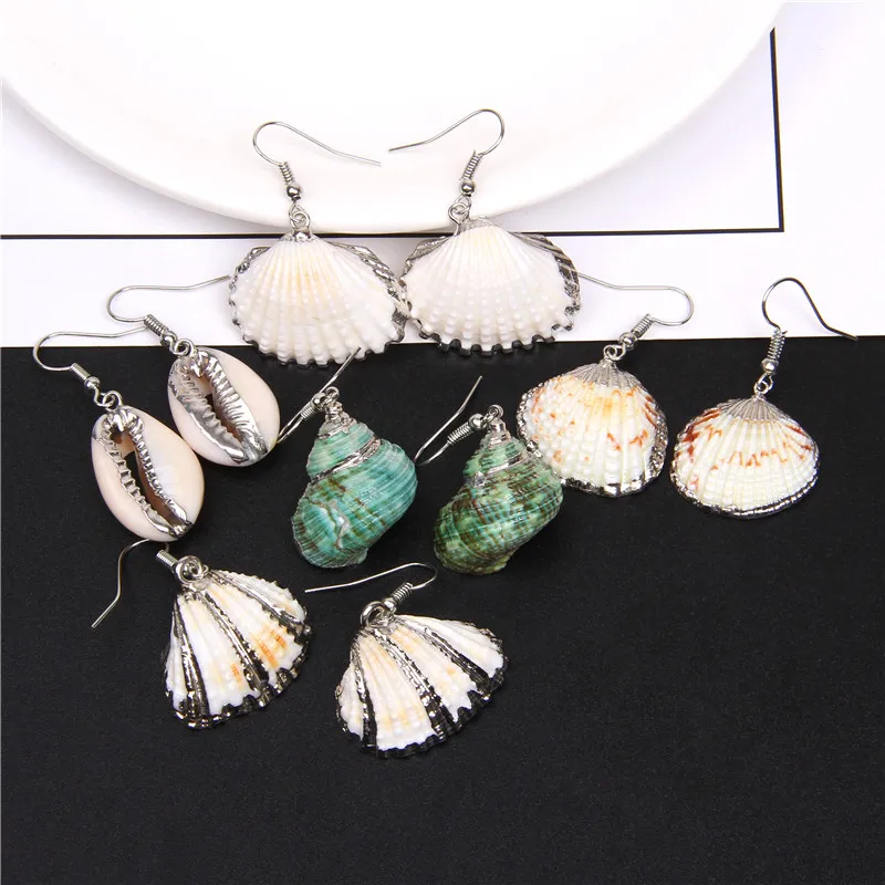 Natural Sea Shell Statement Conch Drop Earrings Beach Earrings Silver Color Hook Eardrops Women Cowrie Danglers Jewelry Gifts