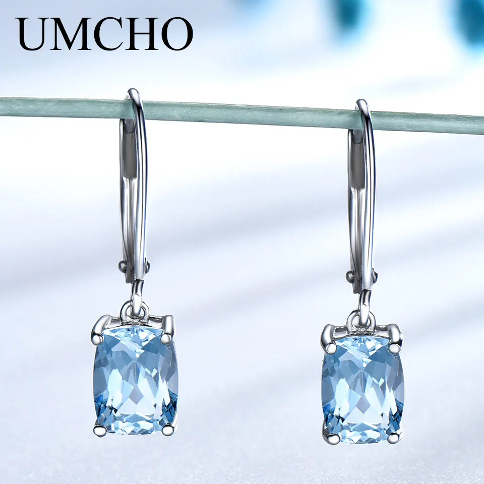 UMCHO oryginalna 925 Sterling Silver Sky niebieski Topaz spadek kolczyki elegancki kamień ślub biżuteria zaręczynowa dla kobiet prezenty