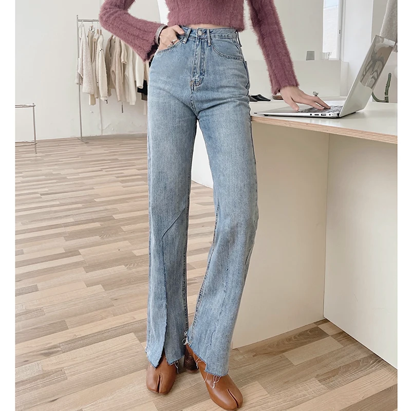 Ripped Front Split New High Waist Straight Jeans Women Vintage Classic Boyfriend High Street Full Length Denim Pants Trousers