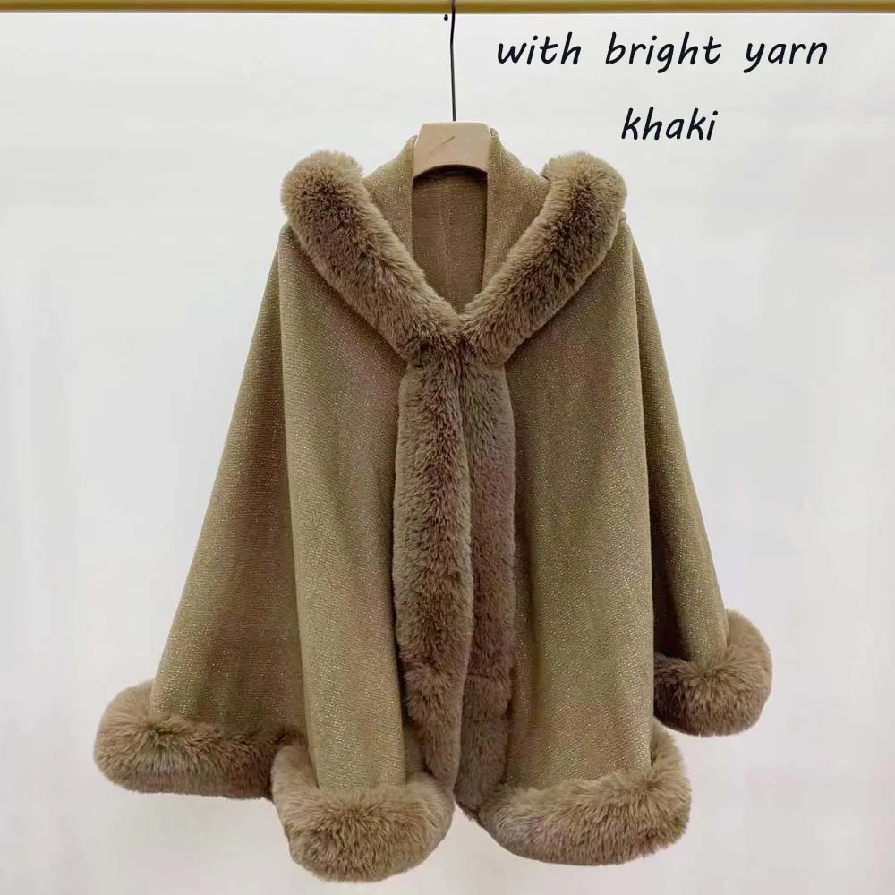 Fashion Loose Soft Faux Rex Rabbit Fur Poncho Shawl Hooded Outwear Women Knit Cardigan Cape Winter Bright Yarn Cloak Wraps