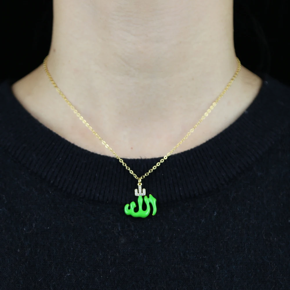 religious design jewelry gold color 6 colorful neon enamel Allah Necklace For Women