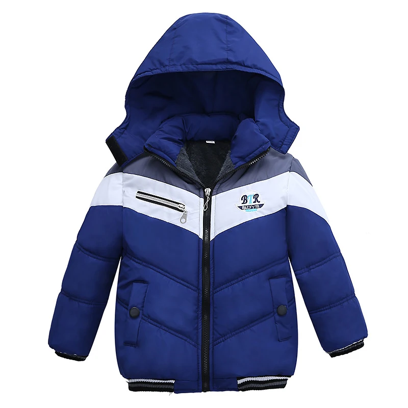 Baby boy winter cotton jacket letter printing plus velvet warm hooded padded coat thickened 2-5years old Beibei quality clothing