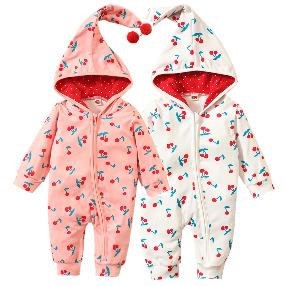 

Christmas Baby Romper Jumpsuits Zipper Cherry Newborn Clothing Infant Cute Baby Girl Clothes Polka Dot Hooded Rompers Costumes