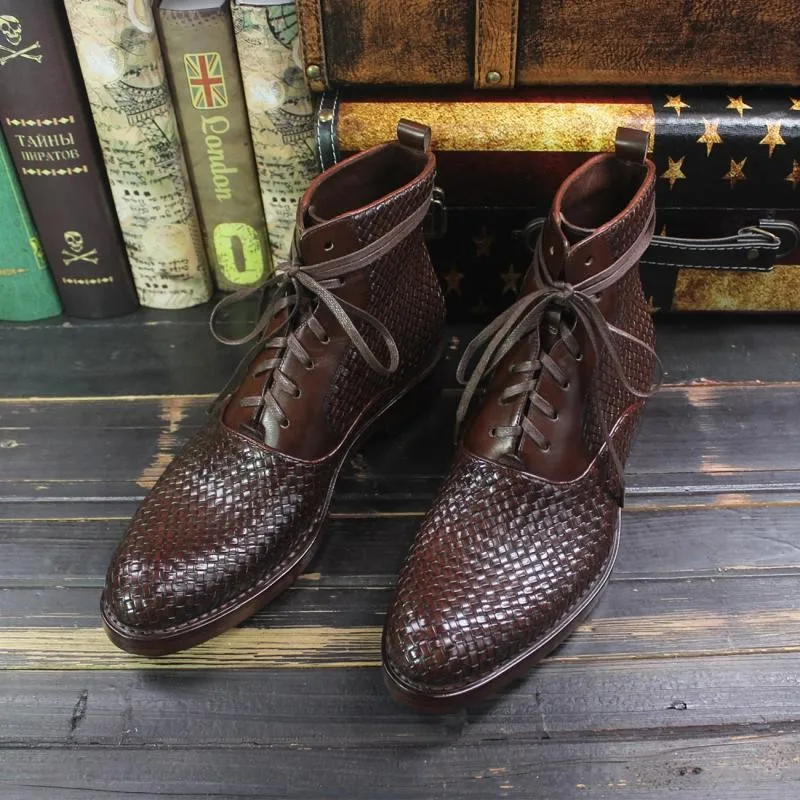 Handmade Weave Cowhide Cowboy Boots Men Vintage Genuine Leather Pointed Toe Motorcycle Bikers Boots Mens Shoes Large Size 37-45