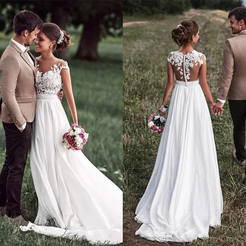 Nupcial praia renda apliques vestido de noiva novo boné-mangas ilusão fenda botões laterais branco/marfim vestidos de casamento 2019