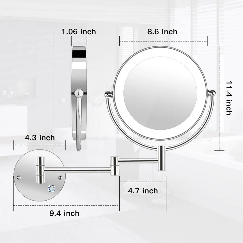 8,5" LED dubbelzijdig draaibaar wandmontage make-upspiegel-3x 5x 10x vergroting, 13,7" verlenging, aanraakknop verstelbaar licht