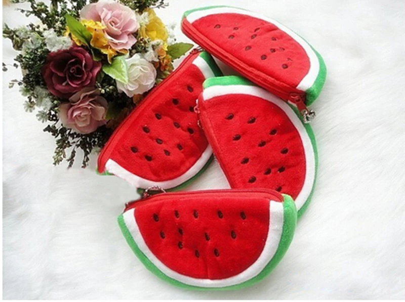 Novelty Kids Watermelon Coin Purse Women Lovely Plush Zipper Coin Wallet Purse Key Bag Fruit Wallet Students Pen Pencil Case Bag