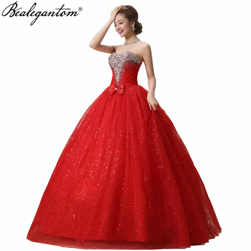 Hot Selling Cheap White Red Quinceanera Dresses Ball Gown Beaded Bow Lace Up Sweet 16 Prom Party Gown Vestido 15 Anos QD148