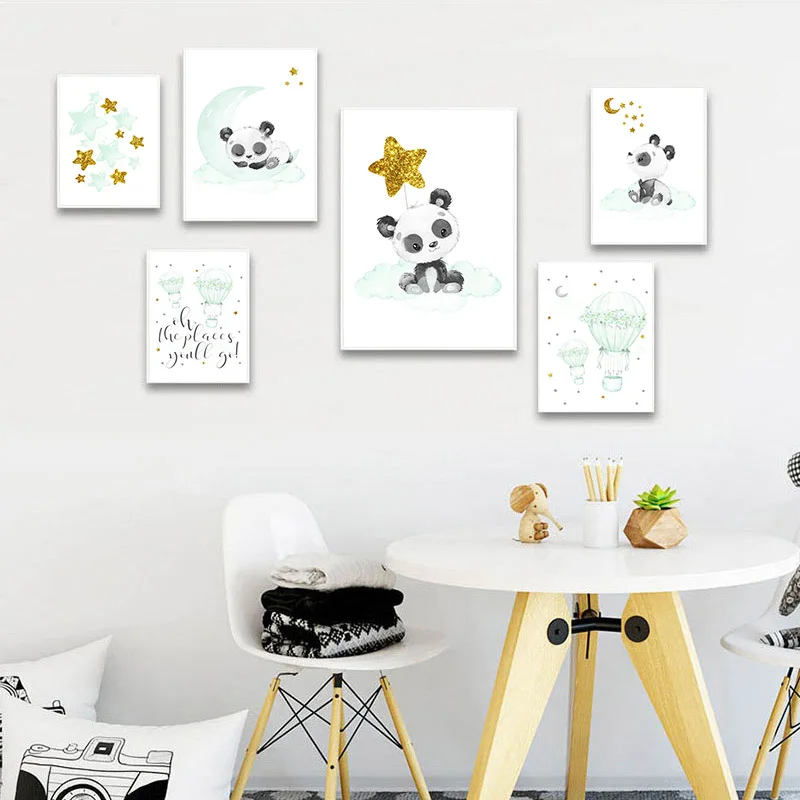 Baby Panda Balloon Wall Art Canvas Painting Mint Green Posters and Prints Room Decor Pictures for Home Decoration Christmas Gift