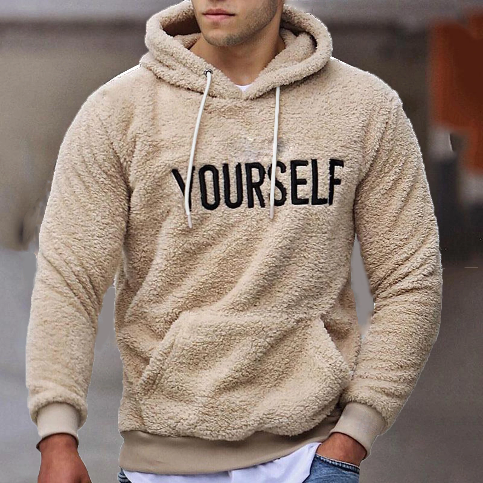 

New Autumn and Winter Warm Men´s Wool Hooded Sweatshirts Letter Print Hooded Pullover Kangaroo Pocket Hooded Fleece Sweatshirts