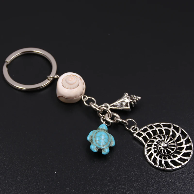 1pc Blue Turtle Charms Starfish Conch Fish Tail Keychains With Shell Charms Beach Keyring Summer Jewelry