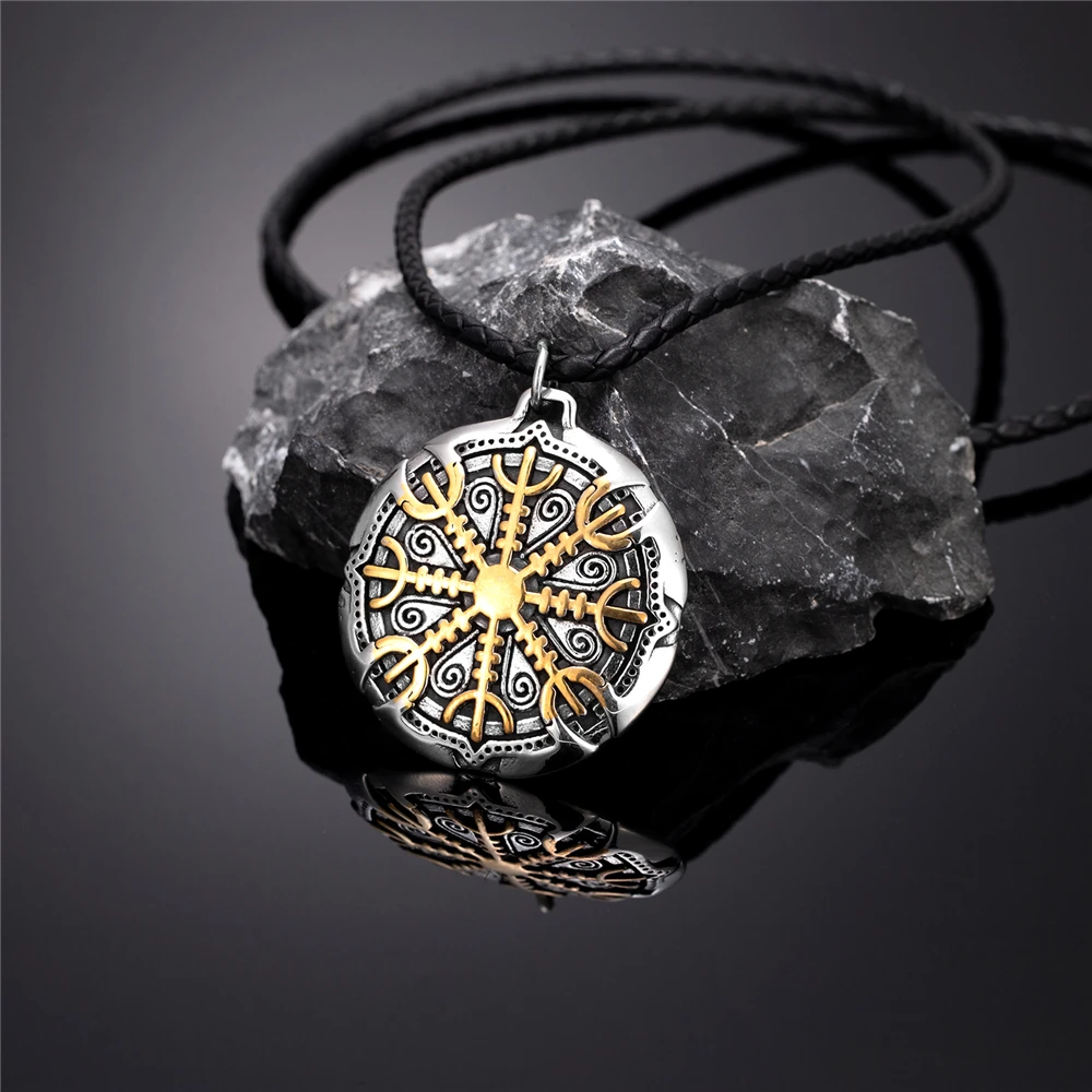 Collar de Color dorado con brújula nórdica para hombre, amuleto de acero inoxidable, Tridente, Vegvisir, joyería islandesa