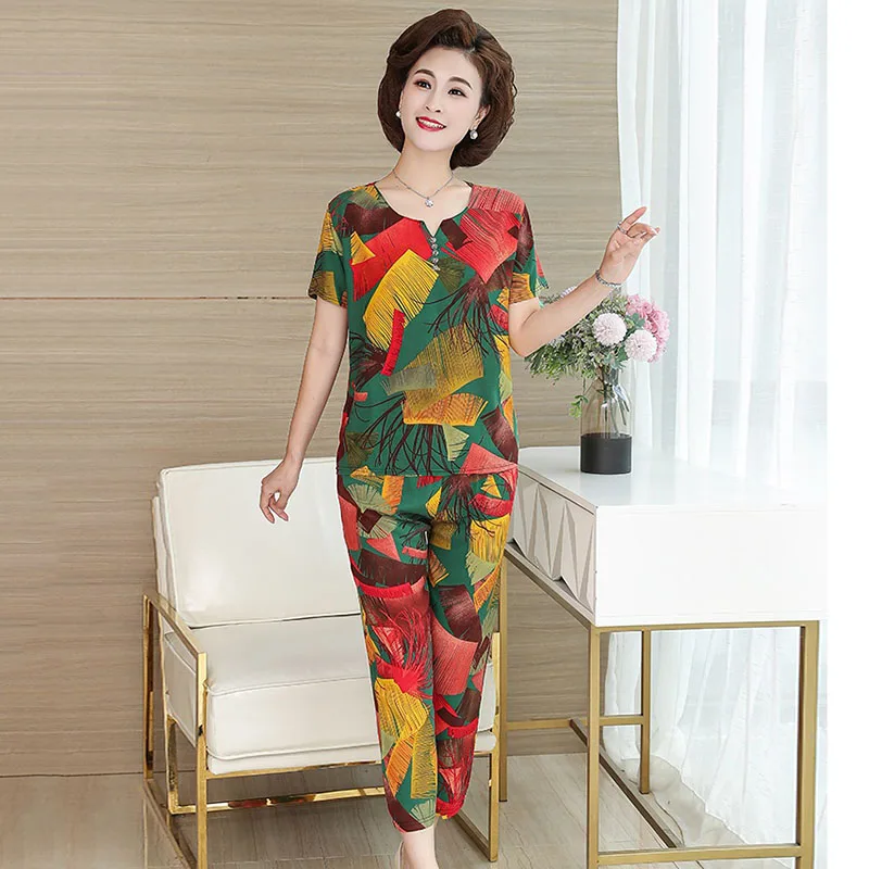 Middle-Aged Mother Suit Cotton Silk Printed T-Shirt 2 Piece Set Pants Set 2021 New Summer Fashion Women\'s Suit Mother Dress W817