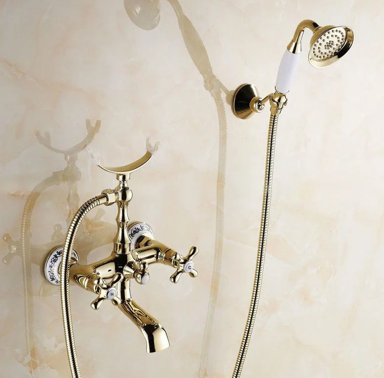 

Wall Mount Golden Color Brass Bathroom Tub Faucet Set with 150CM Handheld Shower Spray Head Mixer Tap 2tf141