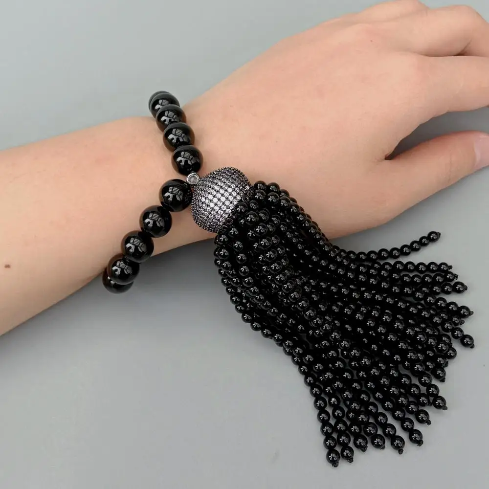 

Black Onyx Bracelet Cubic Zirconia Pave Pave Cap Tassel Mala Stretch Adjustable