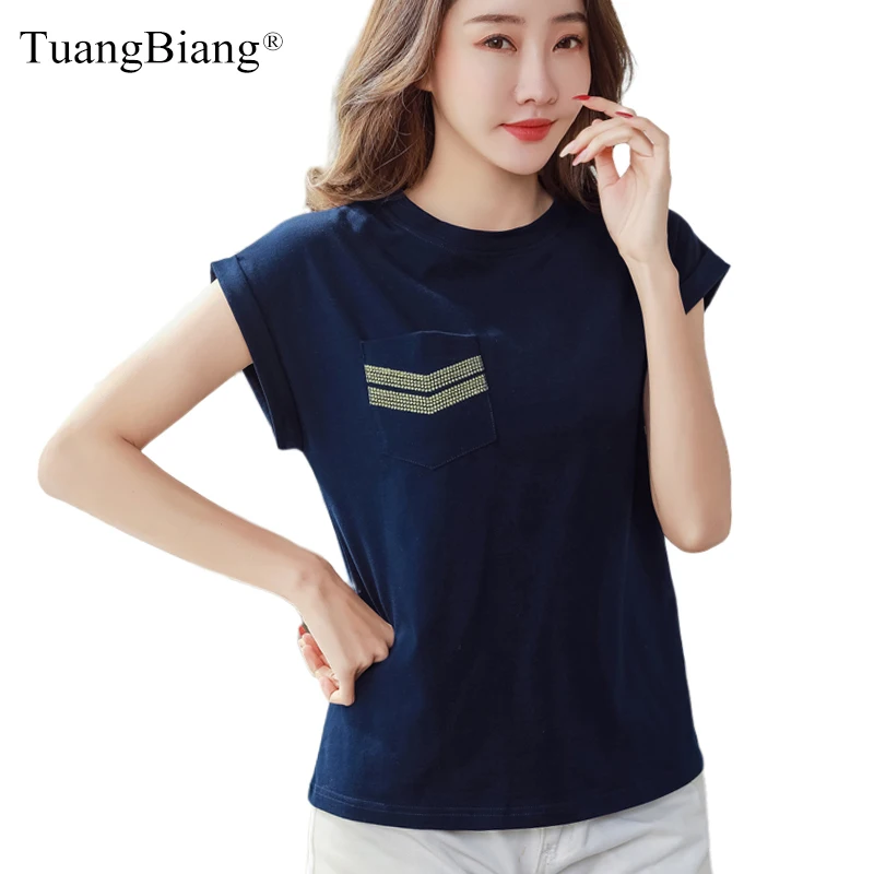 

2023 Bright Line Decoration Pocket Summer Simple Cotton T-Shirts Woman Batwing Sleeve Loose O-Neck Tshirts Ladies Cozy Blue Tops