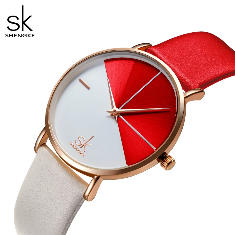 Shengke Fashion Women Dual Color Faux Leather Strap Round Dial Analog Quartz Wrist Watch Simple Quartz Watch Dating Gift Watch