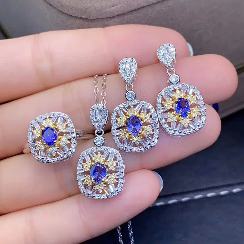 New Fashion  Real Natural Tanzanite jewelry set Natural Real Tanzanite 925 sterling silver 1pc pendant,1pc ring,2pcs Earring