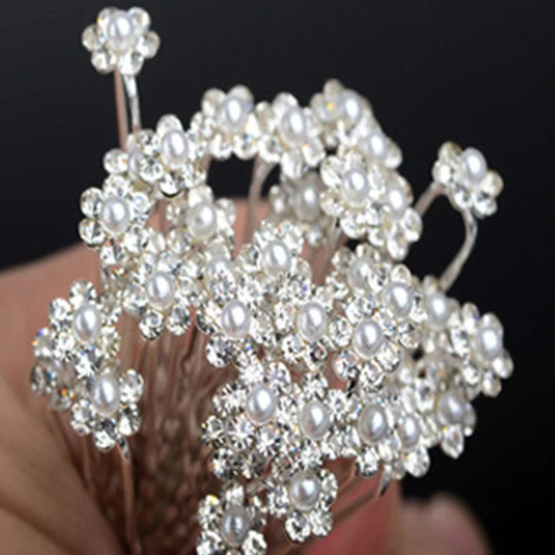 20pcs Women Hair Clips Flower Hairpin Stick Wedding Bridal Crystal Pearl Hairpins U Shaped Hair Clip Barrettes Hair Accessories